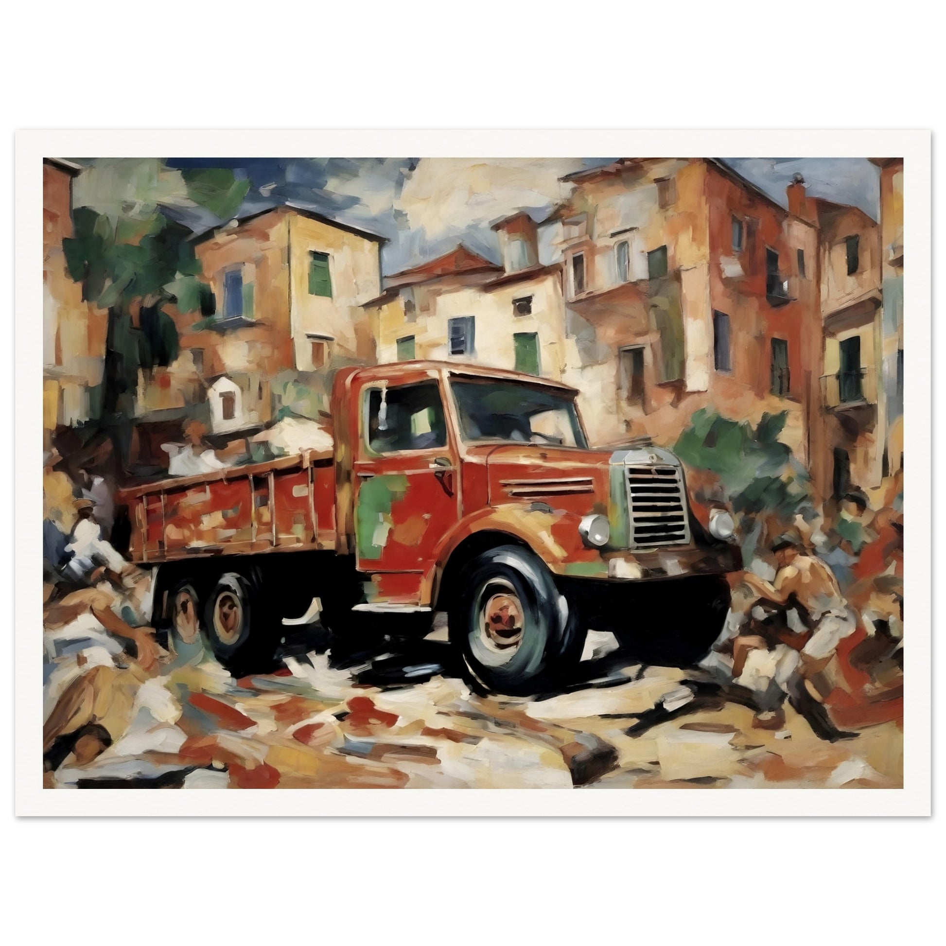 A vibrant painting of a red vintage truck set against an old town backdrop, with earthy tones and dynamic painterly strokes.