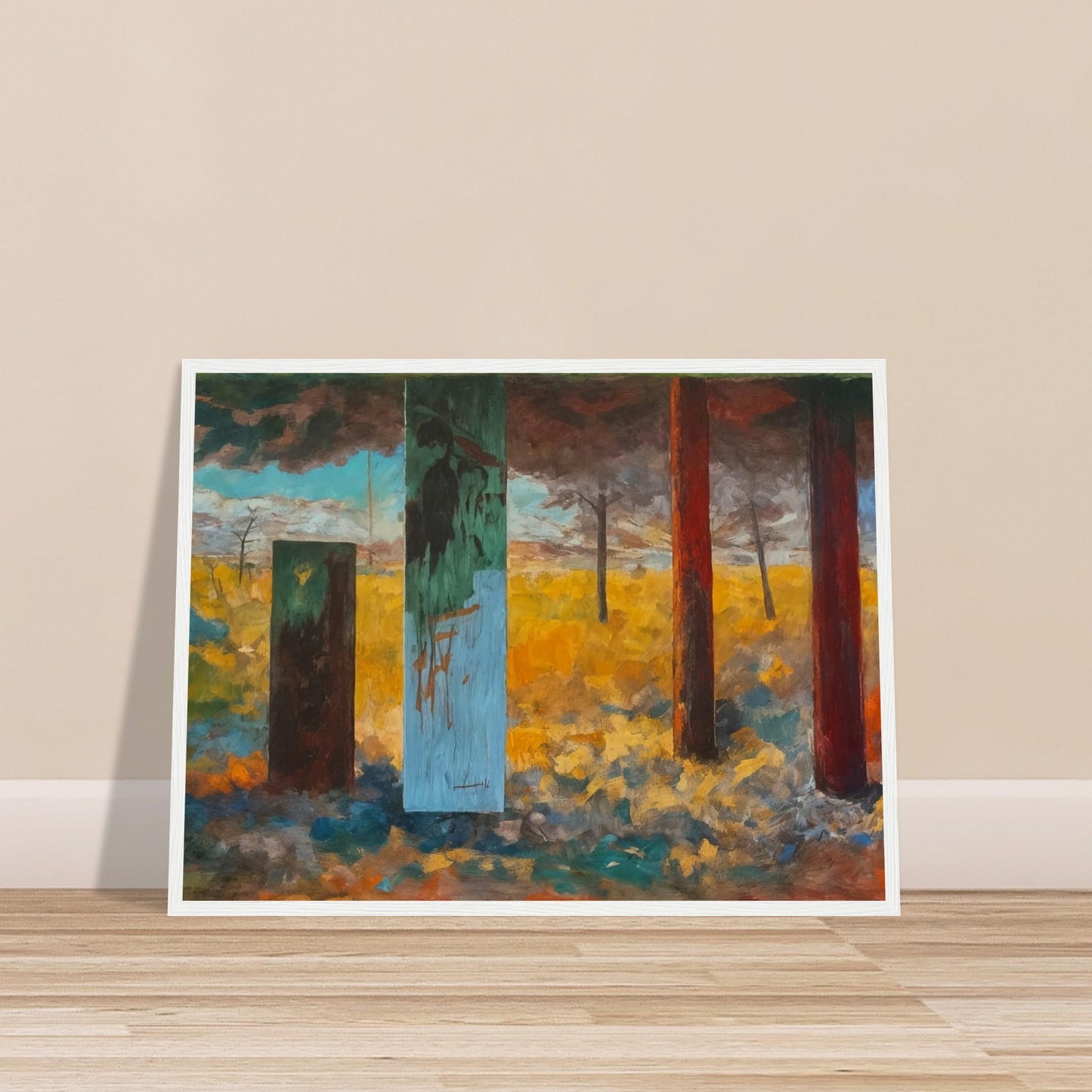 An abstract landscape painting featuring colorful vertical pillars against a backdrop of a vibrant field and dramatic sky.