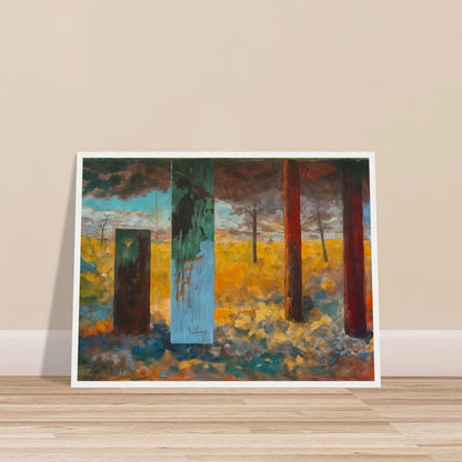 An abstract landscape painting featuring colorful vertical pillars against a backdrop of a vibrant field and dramatic sky.