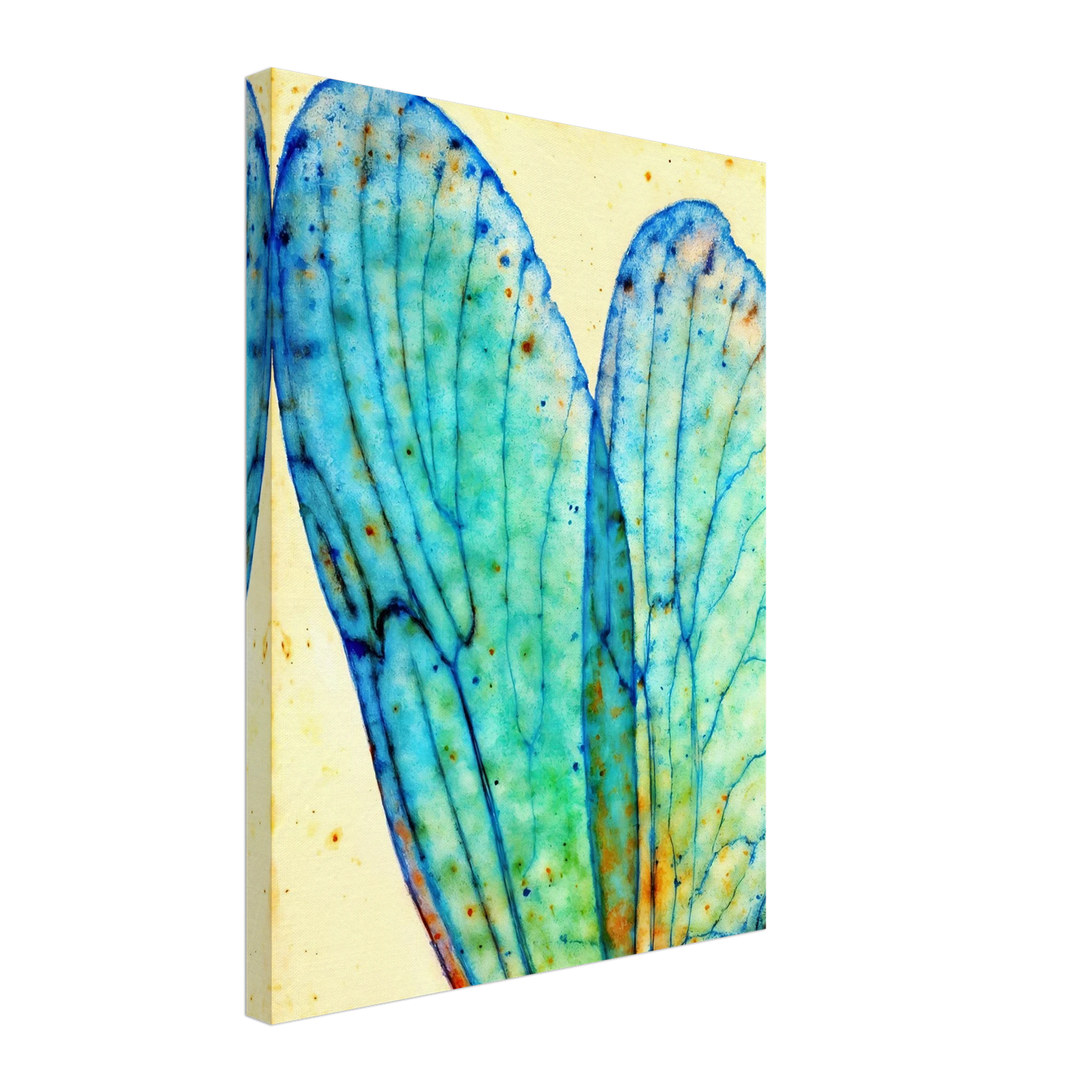 Delicate translucent blue wings with intricate vein patterns, softly glowing against a pale background with watercolor speckles.