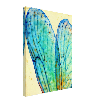 Delicate translucent blue wings with intricate vein patterns, softly glowing against a pale background with watercolor speckles.