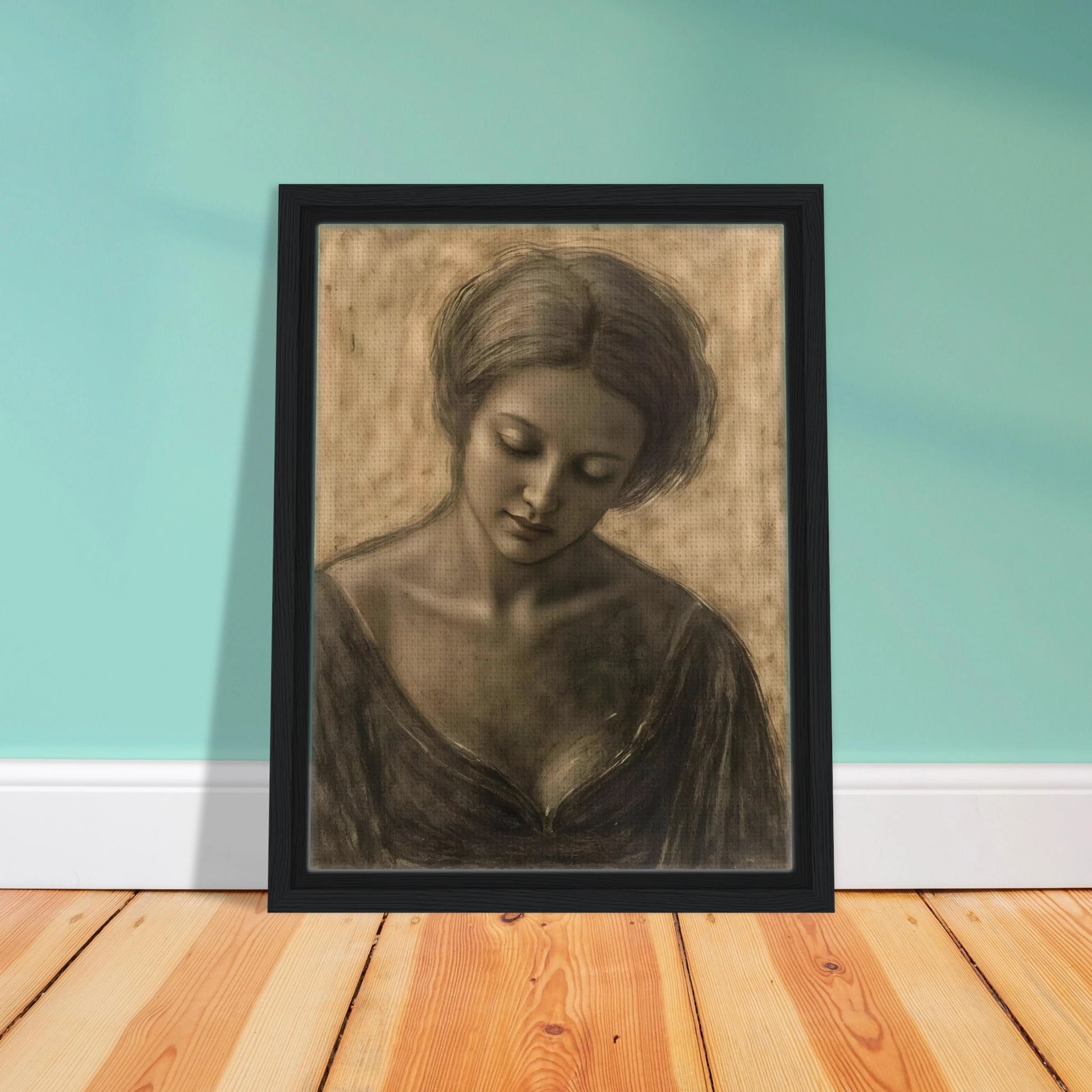 A soft sepia portrait of a contemplative woman with lowered gaze, delicate features, and timeless elegance.