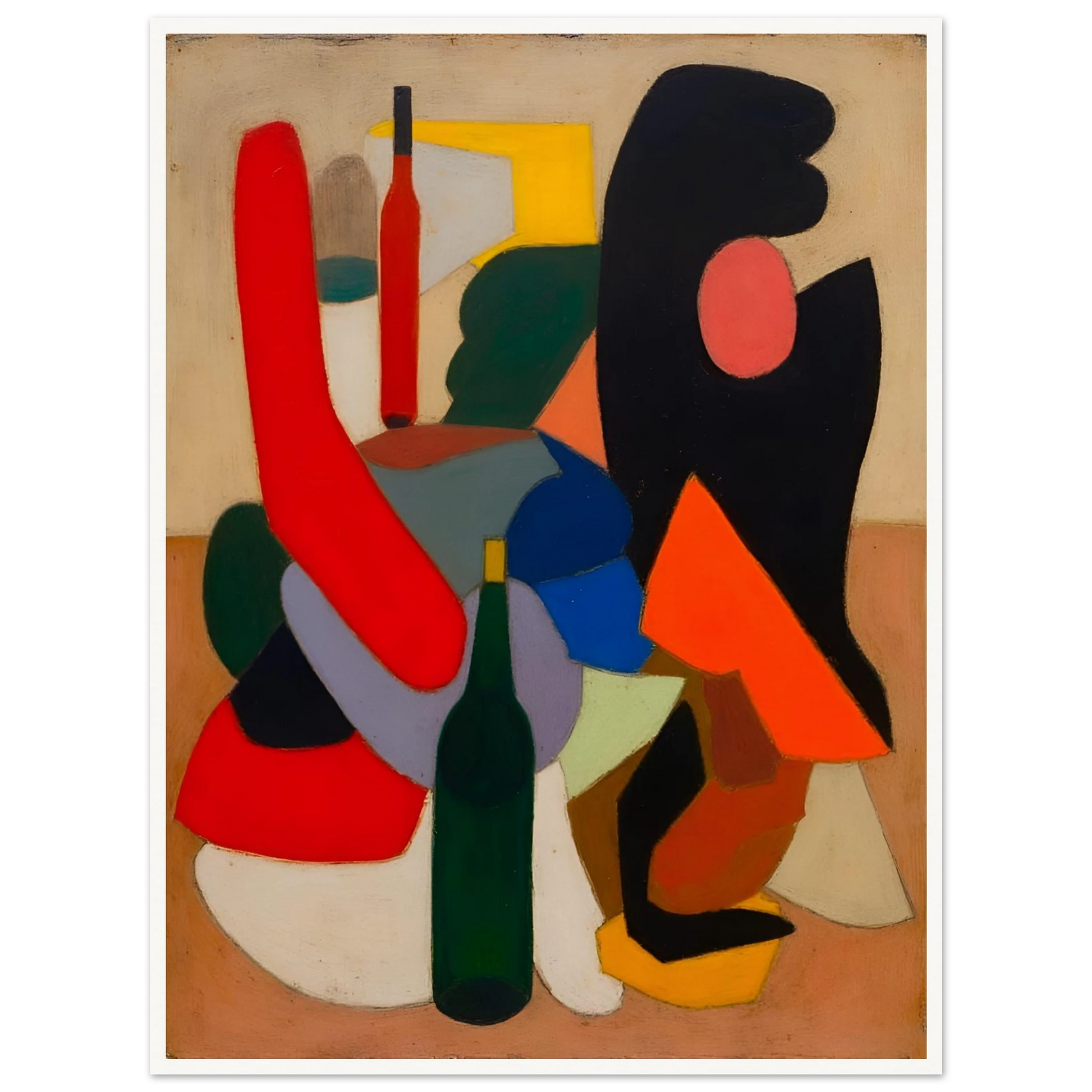 Bold bottles and curved red, black, blue, and orange forms gather in a modern still life.