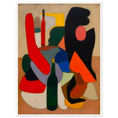Bold bottles and curved red, black, blue, and orange forms gather in a modern still life.
