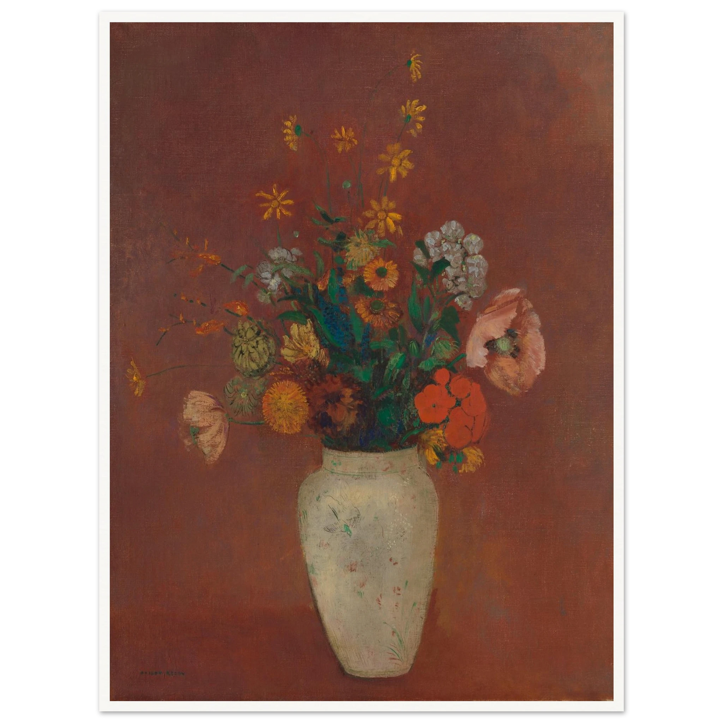 Flowers in a white vase against a red background with yellow and orange blooms