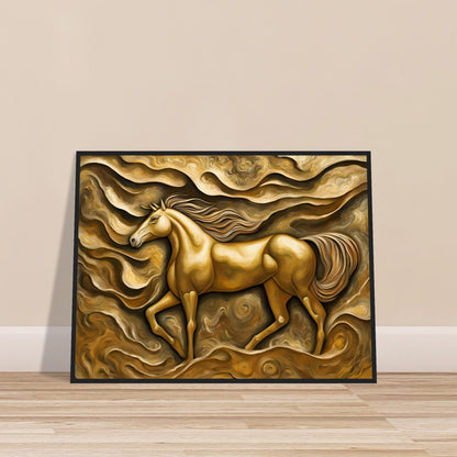 A golden horse runs through swirling, textured waves of gold and brown, embodying strength and motion with a dreamlike elegance.