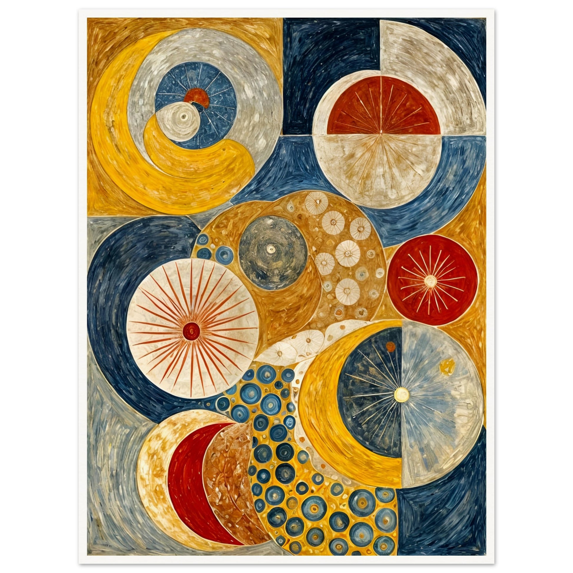 A celestial-inspired painting featuring intricate circular patterns, planetary orbits, and golden, blue, and red tones evoking a cosmic balance.