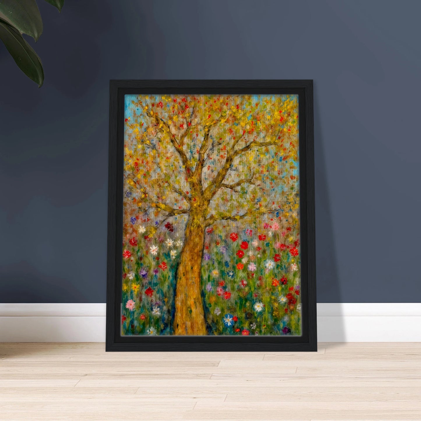 A golden-barked tree stands tall in a vibrant field of blooming flowers, with multicolored petals dancing against a soft blue sky.