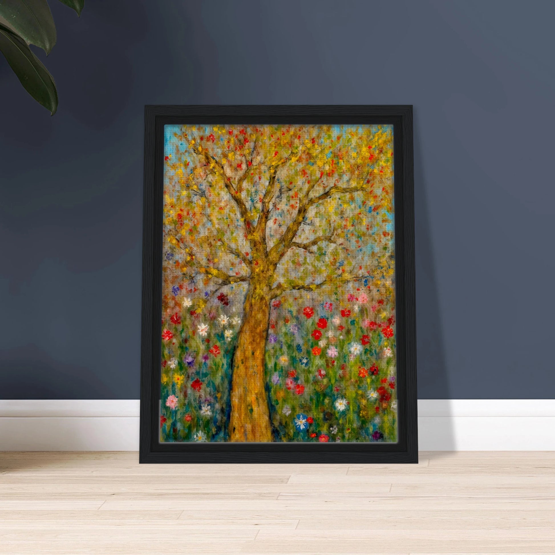 A golden-barked tree stands tall in a vibrant field of blooming flowers, with multicolored petals dancing against a soft blue sky.