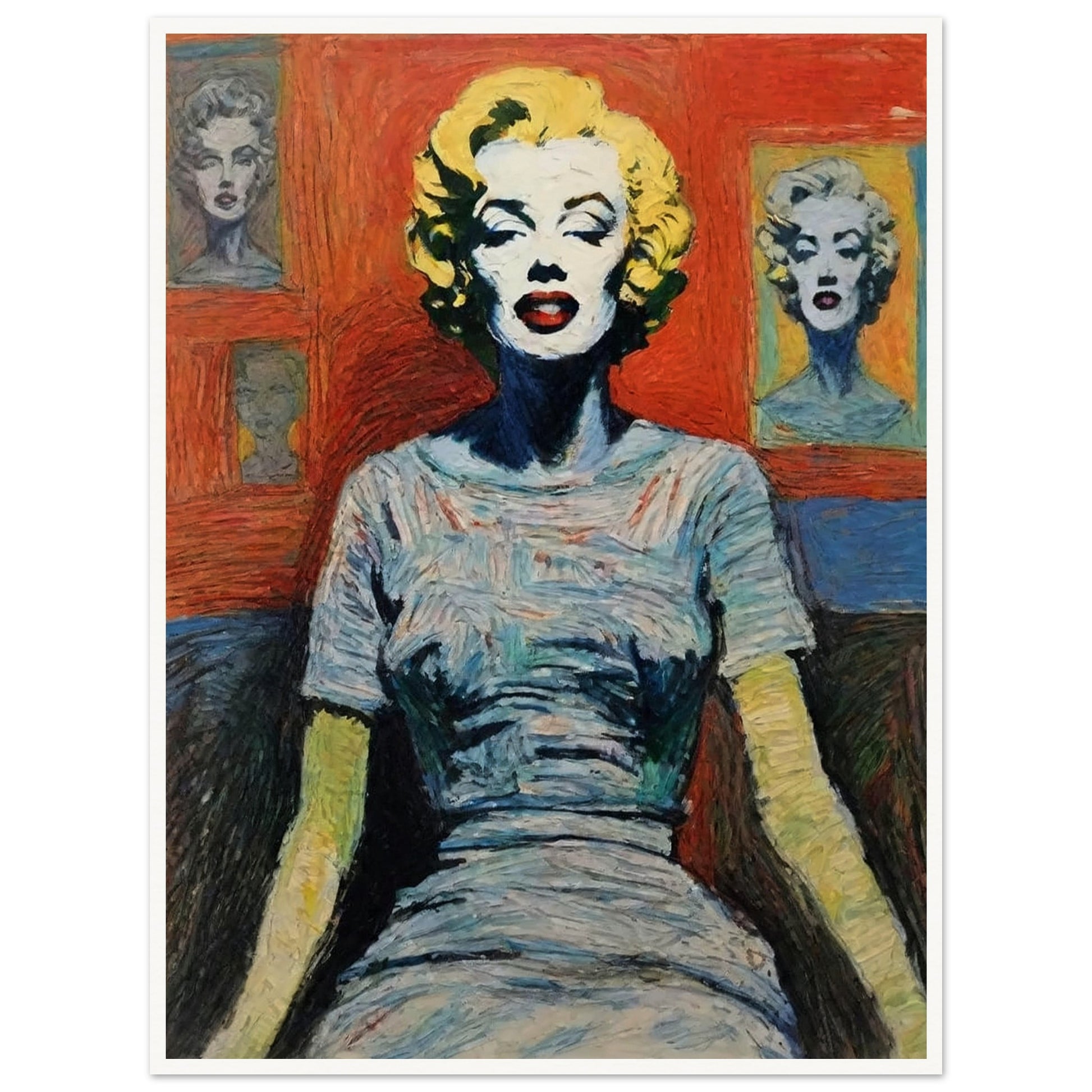 A colorful painting of a woman with blonde hair and vibrant makeup, inspired by the style of Marilyn Monroe.