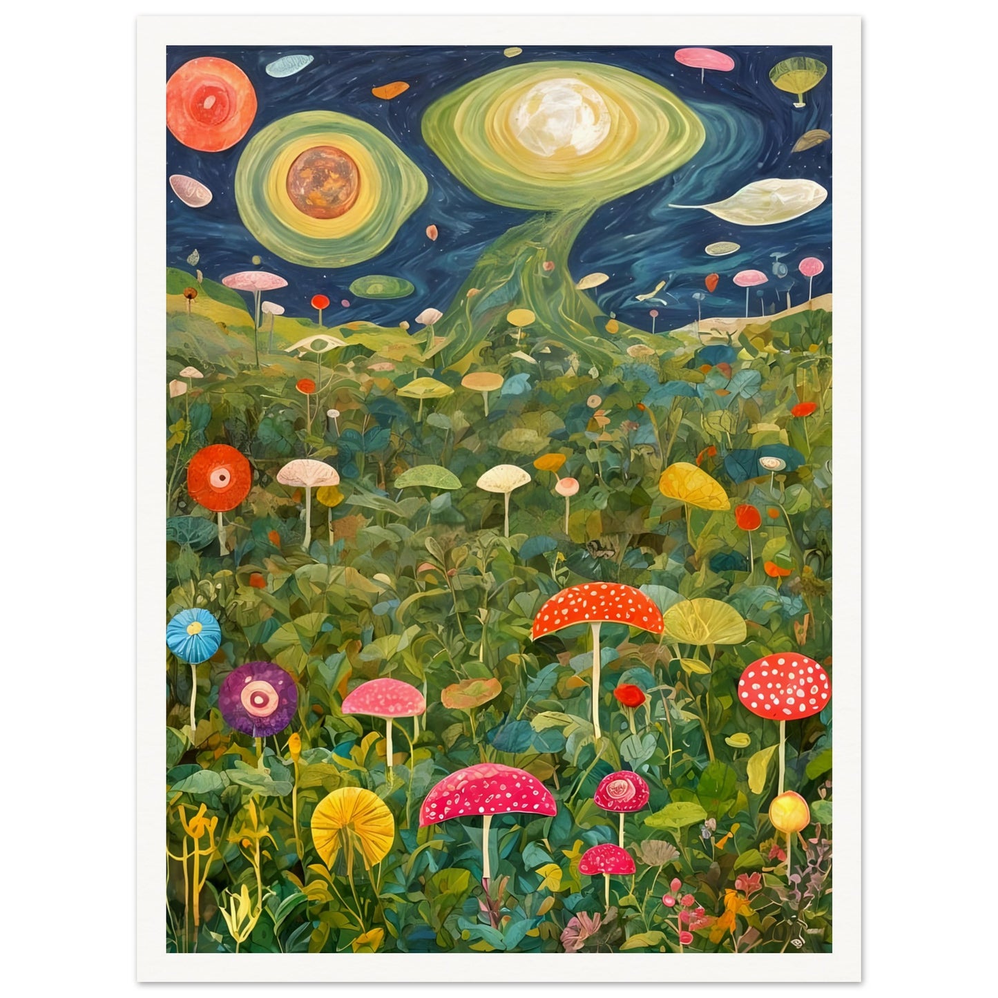 A surreal landscape of oversized mushrooms and lush greenery beneath a cosmic sky with swirling planets, glowing moons, and celestial formations.