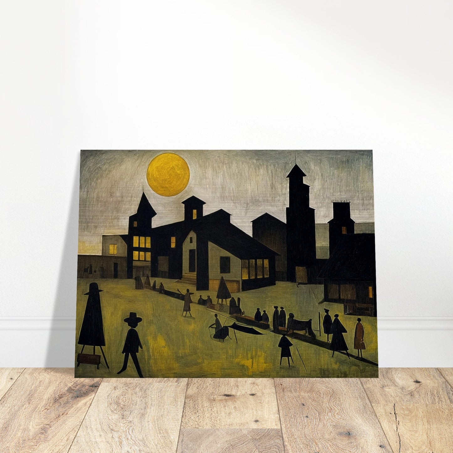 A painting depicting a town under a large sun with silhouetted figures walking and interacting in the foreground.