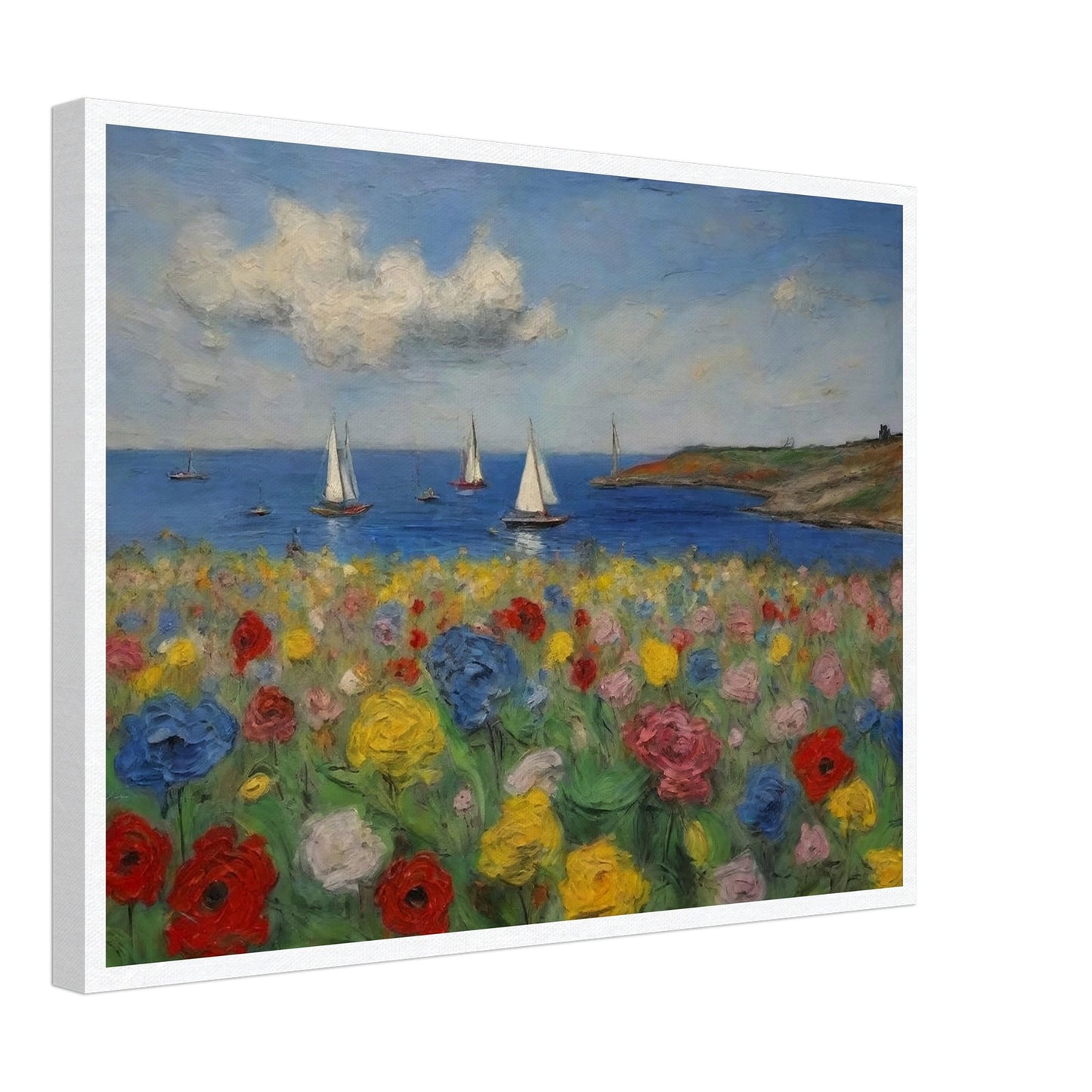 A vibrant painting of colorful flowers in the foreground with sailboats on the calm sea and a scenic coastline in the background.