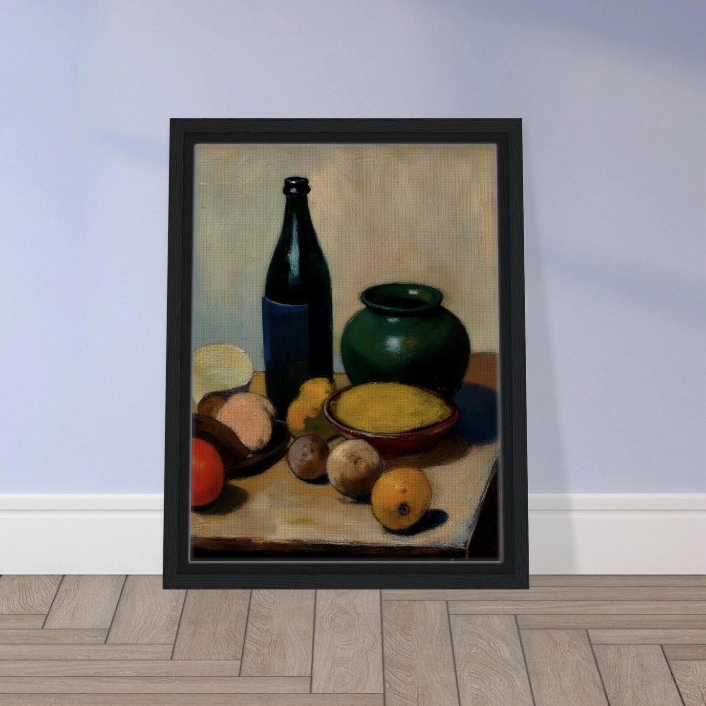 A classic still life painting featuring a dark bottle, a green ceramic vase, a bowl of yellow fruit, and assorted fruits arranged on a tabletop against a soft neutral background.