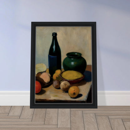 A classic still life painting featuring a dark bottle, a green ceramic vase, a bowl of yellow fruit, and assorted fruits arranged on a tabletop against a soft neutral background.