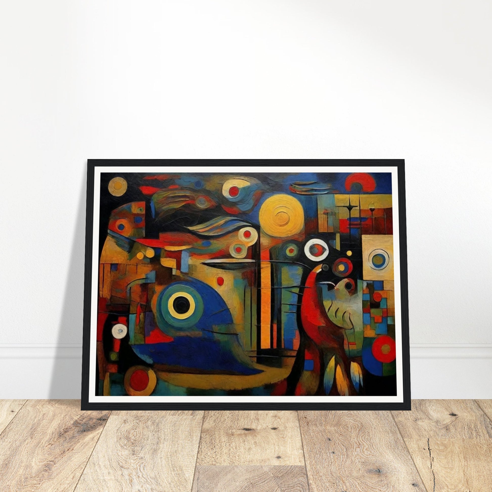 A vibrant abstract painting featuring geometric shapes, bold colors, and dynamic patterns creating a visual symphony.