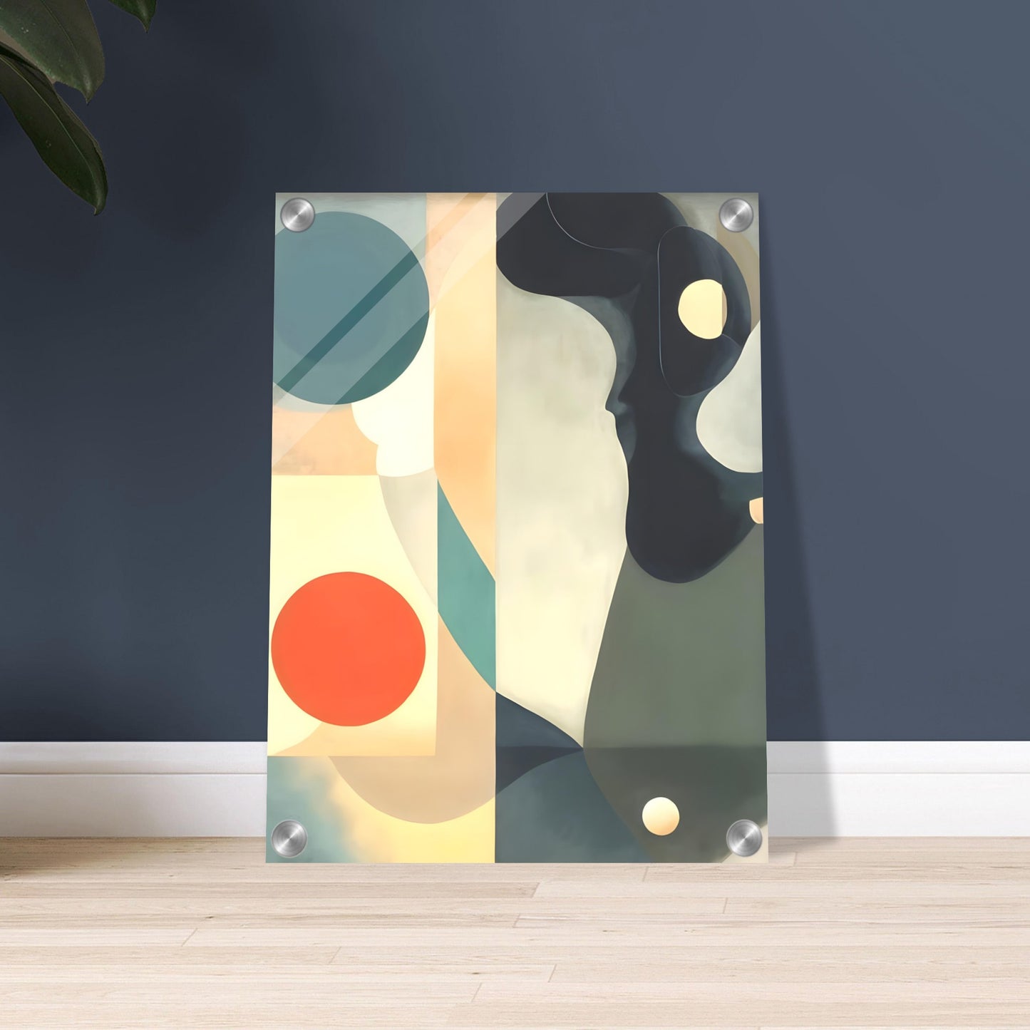 A serene composition featuring flowing shapes, bold circles, and muted tones of teal, orange, and cream, creating a modern abstract design.