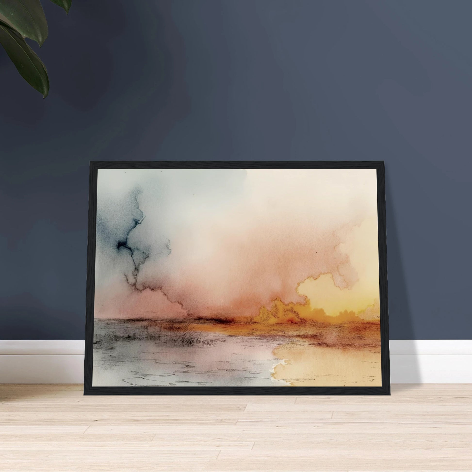 A soft watercolor landscape of fading skies, glowing yellow clouds, and tranquil reflections on a quiet lakeshore at dusk.