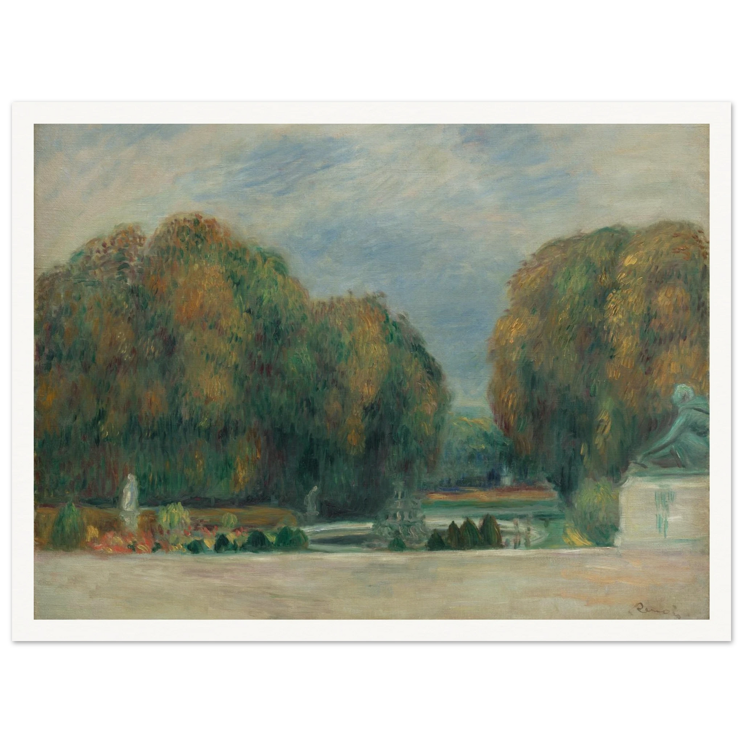 Autumn trees, statues, and formal gardens create a peaceful view of the courtyard at Versailles.
