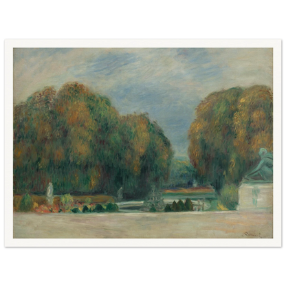 Autumn trees, statues, and formal gardens create a peaceful view of the courtyard at Versailles.