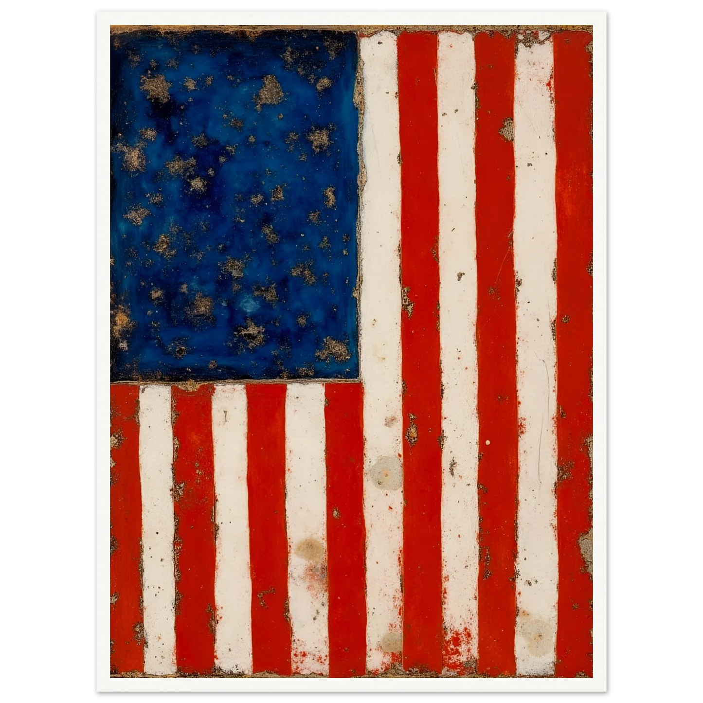 A timeworn American flag with faded stars and stripes, marked by age and texture that reflect enduring spirit.