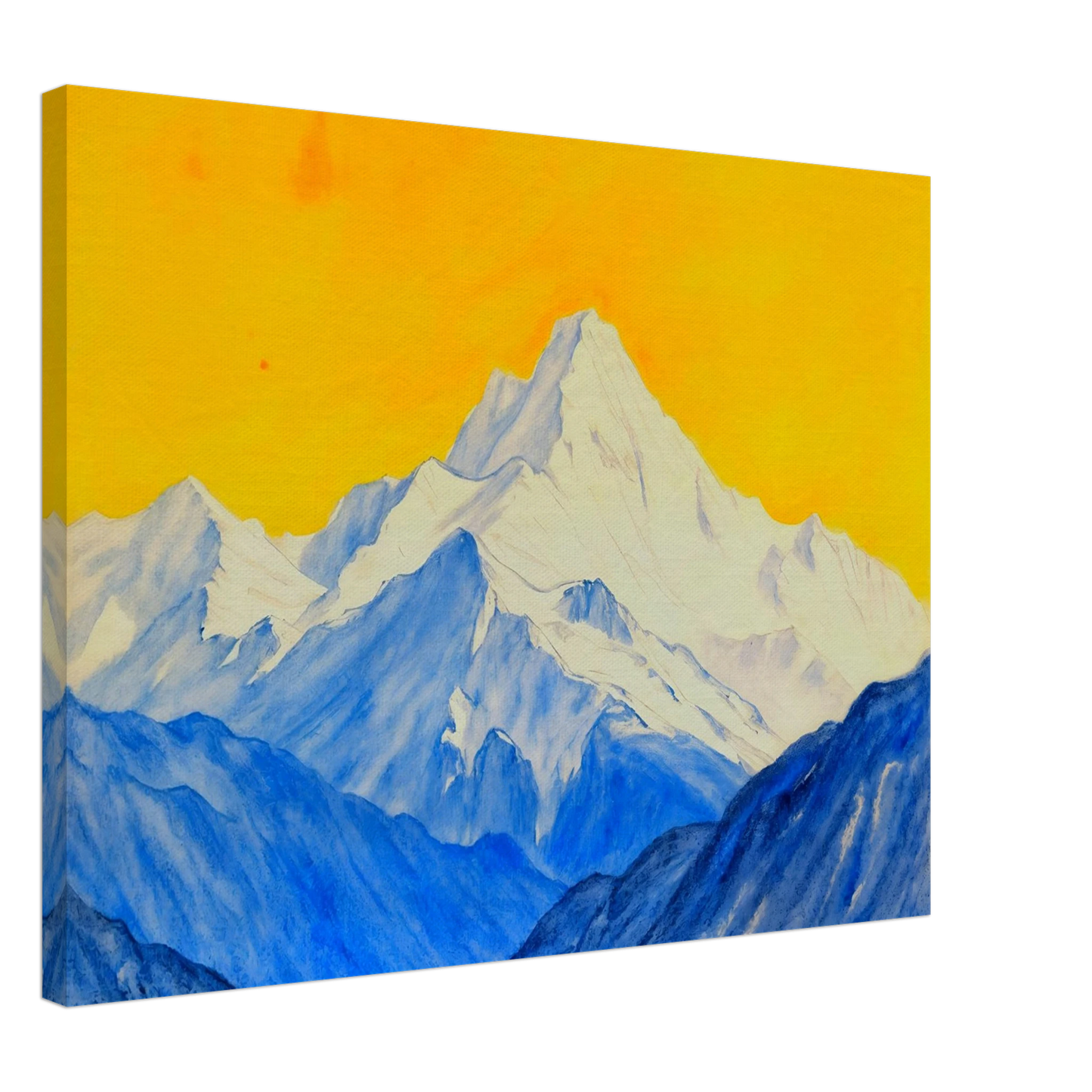 Snowy blue mountain ranges rise beneath a brilliant golden sky, blending icy grandeur with vivid warmth.