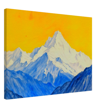 Snowy blue mountain ranges rise beneath a brilliant golden sky, blending icy grandeur with vivid warmth.