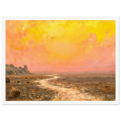 A vast desert plain beneath glowing yellow and pink skies, with a winding pale path leading toward distant rocky formations.
