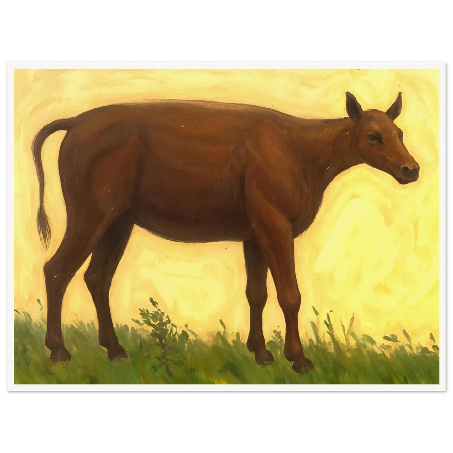 A brown cow standing on grassy pasture against a soft golden-yellow background, exuding calm and simplicity.