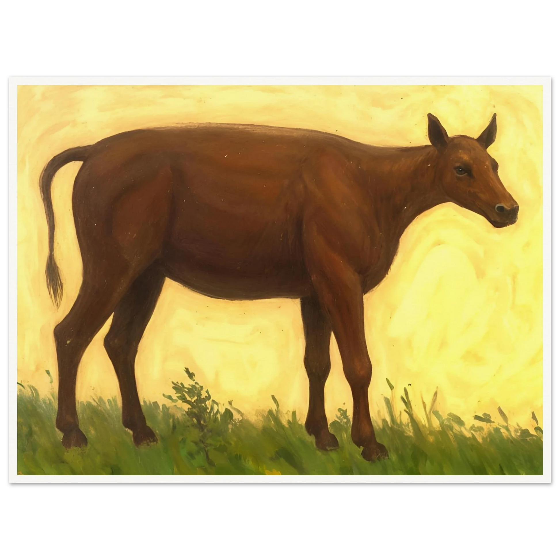 A brown cow standing on grassy pasture against a soft golden-yellow background, exuding calm and simplicity.