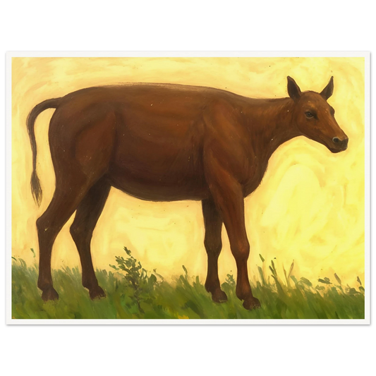 A brown cow standing on grassy pasture against a soft golden-yellow background, exuding calm and simplicity.