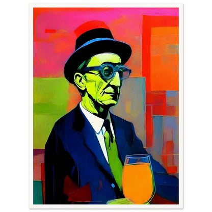 Bold and colorful painting of an older man in a hat and glasses, with green tones on his face, a suit, and a bright orange drink.