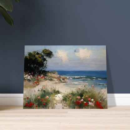 A picturesque painting of a serene beach with vibrant flowers in the foreground and calm ocean waves under a partly cloudy sky.