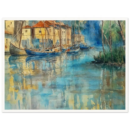 A tranquil watercolor painting of sailboats docked near a coastal town, their reflections mirrored on the calm blue water.