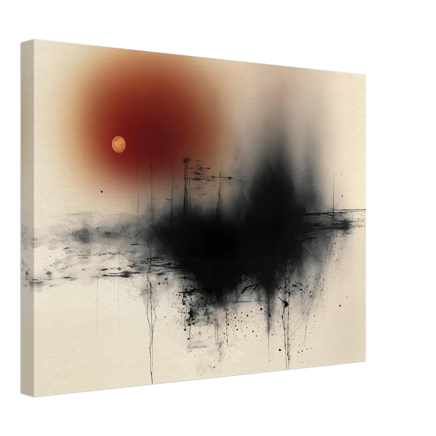 Black ink horizon with red sun and small gold moon on a cream field, with fine lines and splatters.