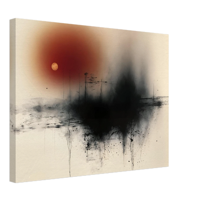 Black ink horizon with red sun and small gold moon on a cream field, with fine lines and splatters.