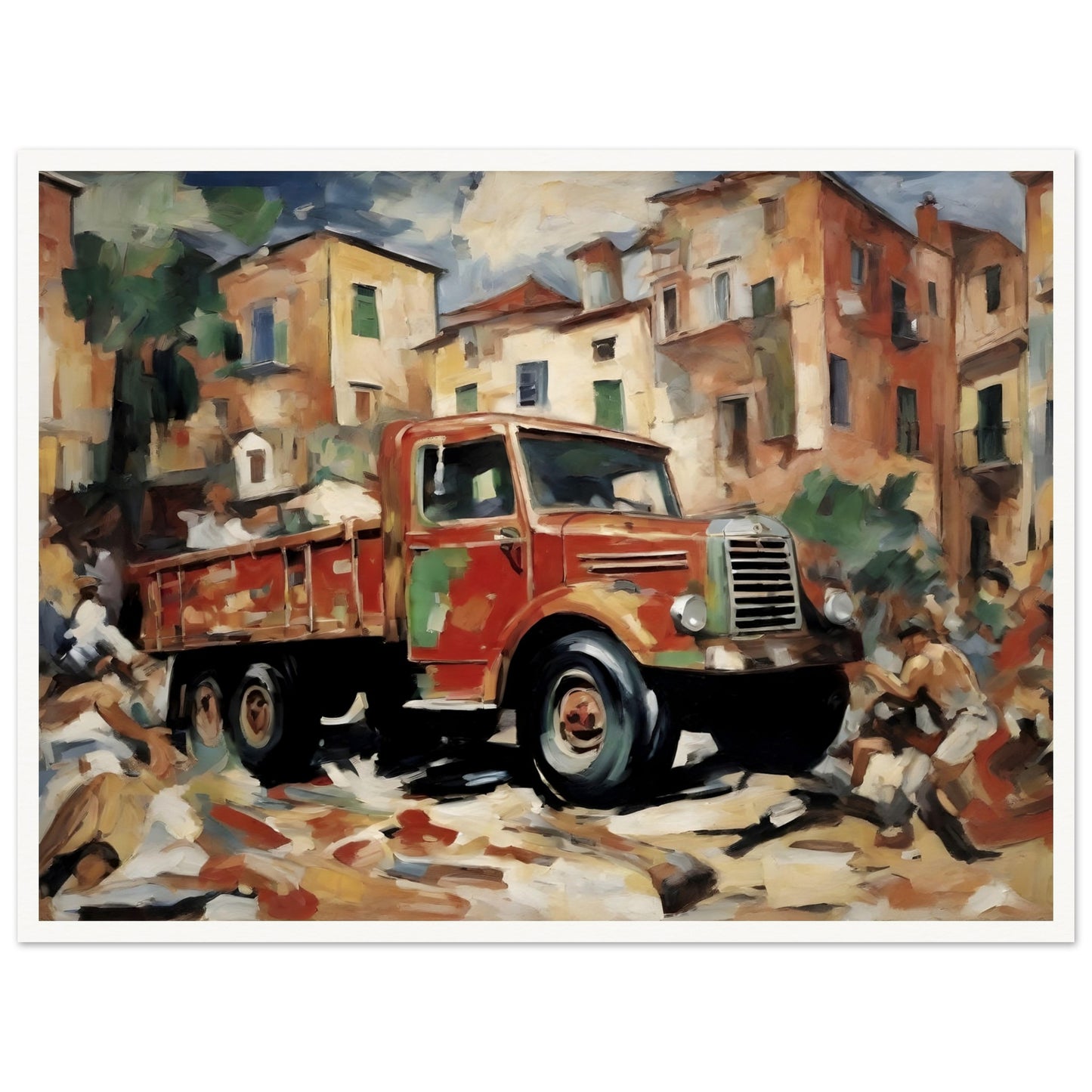 A vibrant painting of a red vintage truck set against an old town backdrop, with earthy tones and dynamic painterly strokes.