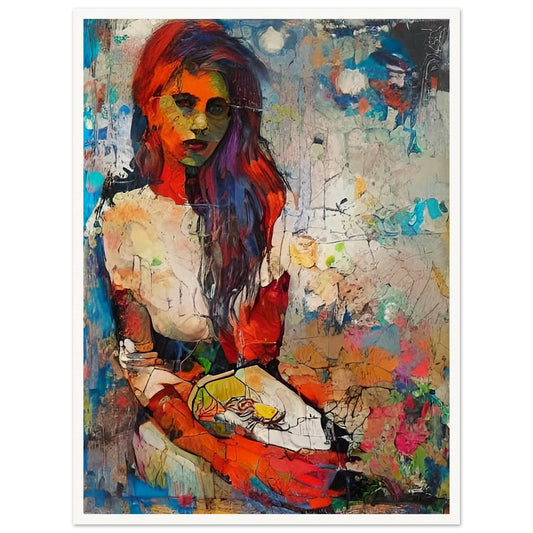 An expressive, abstract portrait of a woman with vivid red hair and colorful layers of paint, set against a textured background of swirling colors and fragmented patterns.