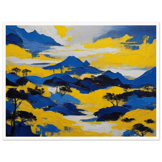 A striking abstract landscape painting featuring a mix of blue and yellow hues, depicting mountains, trees, and a river. The use of bold colors and textures creates a vibrant and dynamic scene.