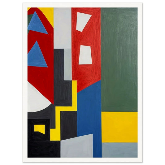 A geometric painting with intersecting lines and shapes in primary colors, creating a striking visual contrast of forms.