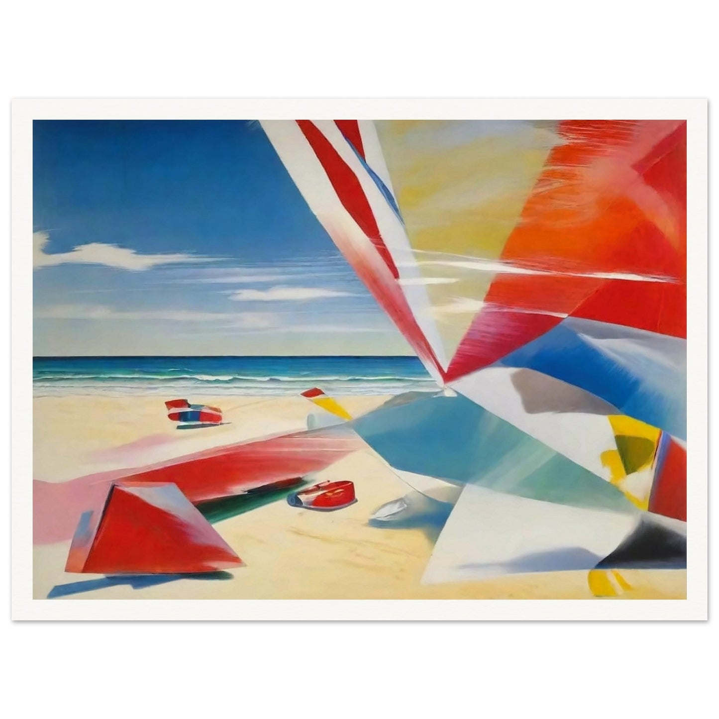 "A colorful beach scene with abstract geometric shapes in red, blue, and yellow on the sand, with a clear sky and calm ocean."