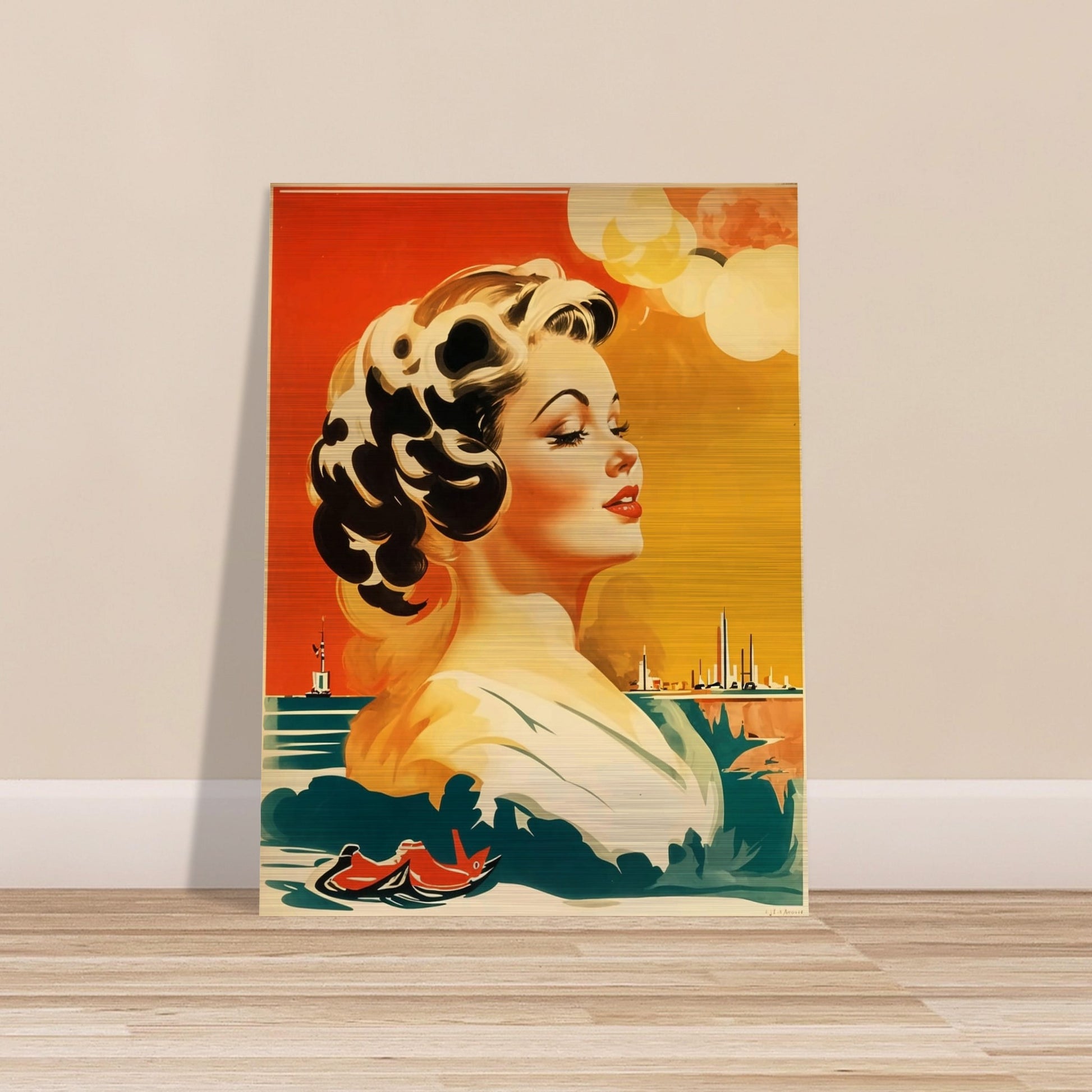 A vintage-style painting featuring a glamorous woman with a cityscape and boats in the background, set against a vibrant sky.