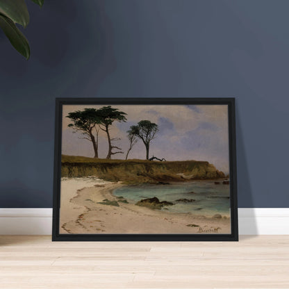 A quiet sea cove with pale sand, blue water, rocky cliffs, and wind-shaped trees.