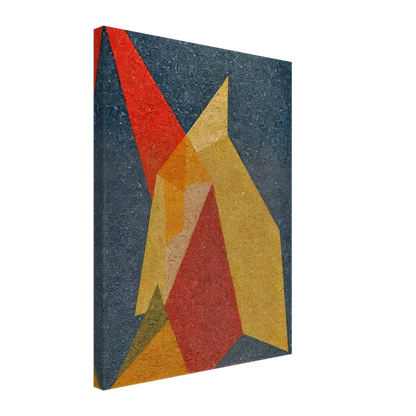 Bold overlapping polygons in red, yellow, and orange intersect over a textured navy background, evoking fiery movement and tension.