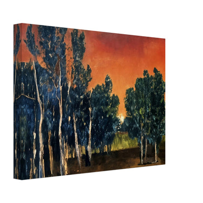 Painting of tall trees silhouetted against a vivid crimson and orange sunset, with deep green foliage and earthy tones.