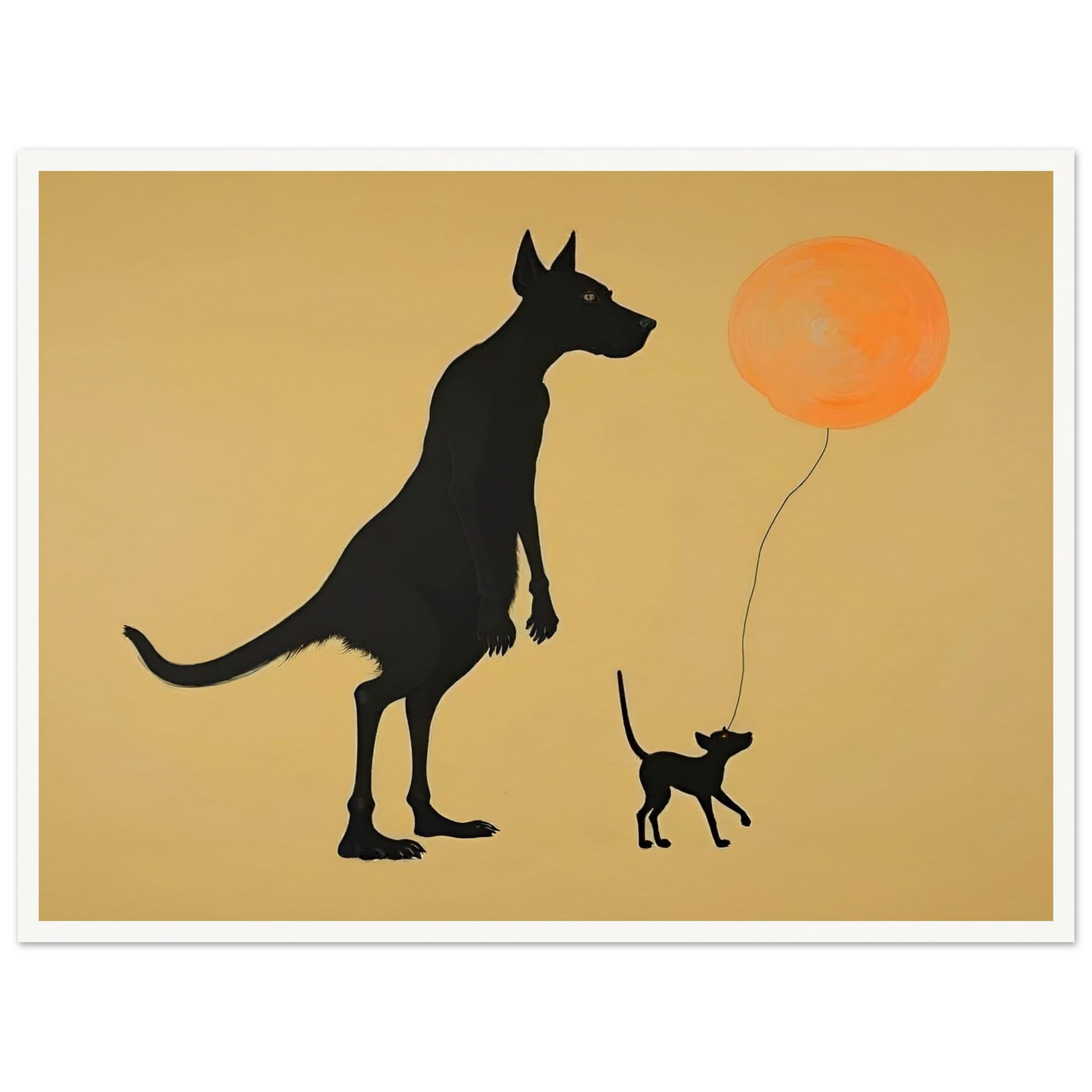 Two silhouetted dogs stand under a soft tan sky, one holding an orange balloon, capturing a playful moment of friendship.