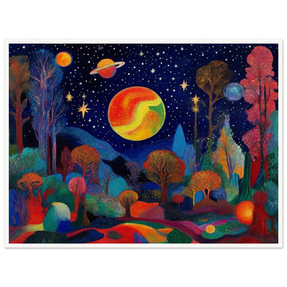 A vibrant landscape featuring trees and planets under a starry sky, with bold, bright colors creating a surreal cosmic scene.