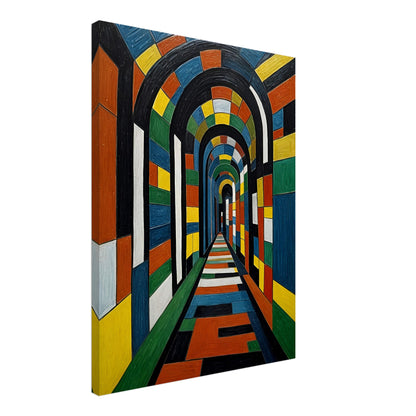 A striking, colorful tunnel with geometric patterns, creating a mesmerizing sense of depth and perspective in a surreal architectural space.