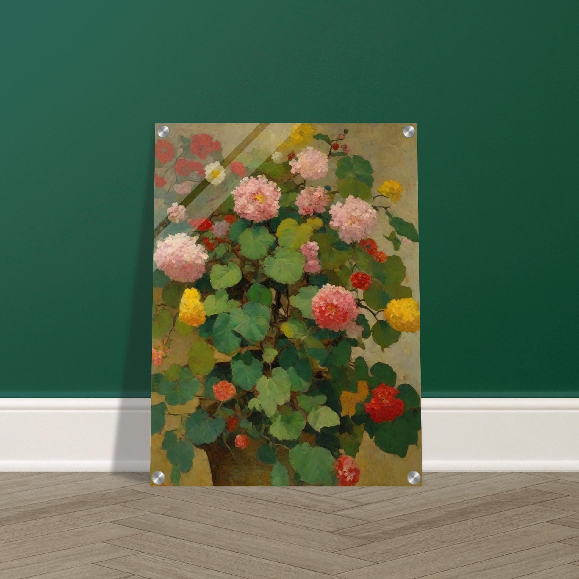 A lush painting featuring a variety of colorful flowers in full bloom, with green leaves in the background.