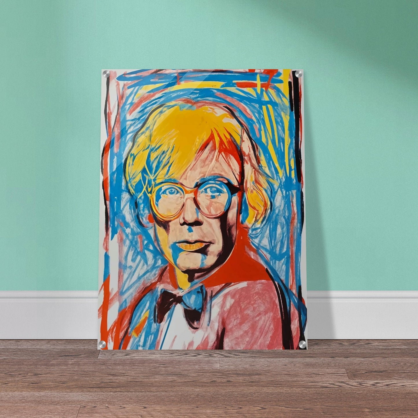 A vivid and energetic pop art portrait featuring a person with bright yellow hair and glasses. The background is filled with dynamic blue and red brushstrokes, adding to the lively and modern feel of the artwork.